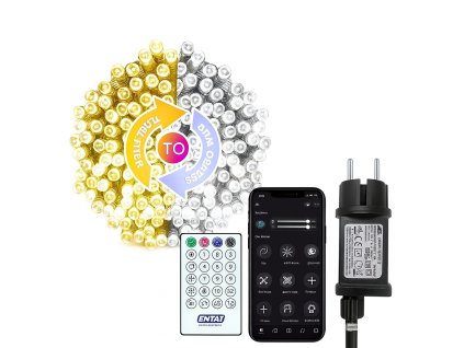 Smart LED svetelná reťaz – teplá biela a studená biela, ovládanie cez aplikáciu a diaľkové ovládanie, ukážka farieb a napájacieho adaptéra.