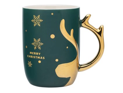 Zelený porcelánový vianočný hrnček s nápisom Merry Christmas a zlatým uchom v tvare parohu 400 ml