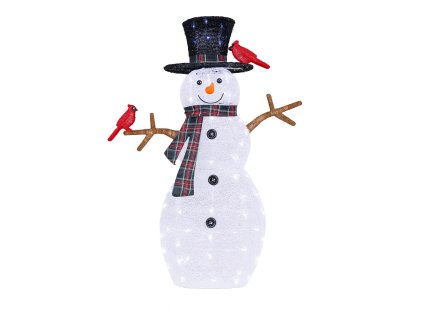 LED vianočný snehuliak s čiernym klobúkom a dvomi červenými vtáčikmi – detail postavy