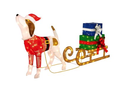 LED vianočný pes so saňami a darčekmi – teplé svetlá a vianočná atmosféra, 170 LED