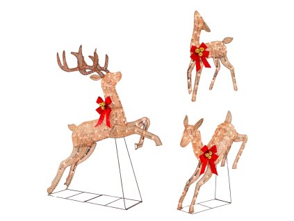 Kompletná sada troch LED sobov so zlatým trblietavým povrchom a kovovým rámom