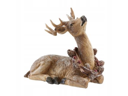 Dekoračný vianočný jeleň v naturálnych tónoch so šiškovým vencom a detailne spracovaným parožím, výška 22 cm