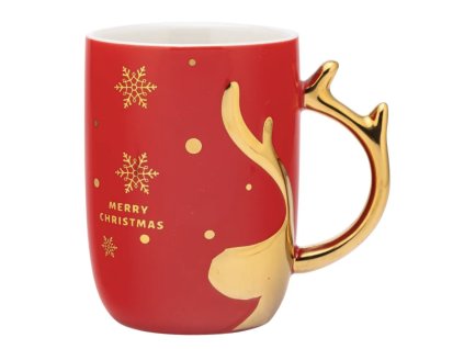 Červený porcelánový vianočný hrnček s nápisom Merry Christmas a zlatým uchom v tvare parohu 400 ml