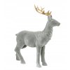 Dekoračný jeleň v sivej farbe so zlatými parohmi a zamatovým povrchom – elegantná zimná soška vysoká 22,5 cm