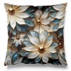 Obliečka na vankúš Gold Bloom – 3D kvetinový vzor s modro-bielymi lupienkami a zlatým stredom