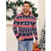 Pánsky červeno-modrý vianočný sveter so sobím motívom, vločkami a stromčekmi – štýlový severský vzor na zimu.