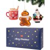 Darčeková sada sklenených vianočných ozdôb – Santa Claus, perníček a hrnček kakaa zabalené v modrej krabičke Merry Christmas