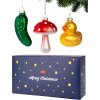 Darčeková sada sklenených ozdôb – zelená uhorka, červený hríbik a zlatá kačička v modrej krabičke Merry Christmas