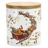 Vianočná porcelánová dóza Santa na saniach – nádoba s bambusovým viečkom a zlatým lemom, motív Santu s darčekmi v saniach, objem 1,3 l