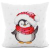 Vianočná obliečka s rozkošným tučniakom v červenej čiapke a šále, biely podklad so snehovými vločkami – 40x40 cm