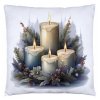 Vianočná obliečka Adventné sviečky – dekoratívna obliečka na vankúš s realistickým motívom štyroch horiacich sviečok a zimnej zelene, biely podklad, 40x40 cm