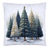 Vianočná obliečka Zimný les – biela obliečka na vankúš s motívom zimného lesa a ozdobených stromčekov, rozmer 40x40 cm