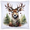 Vianočná obliečka Lesný jeleň – dekoratívny vankúš s motívom jeleňa ozdobeného vianočnými guľkami, doplnený stromčekmi v pozadí, biely podklad, 40x40 cm