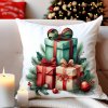 Dekoračný vankúš s motívom vianočných darčekov so stuhami a ihličím, ideálny doplnok k sviatočnej výzdobe – 40x40 cm