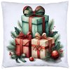 Vianočná obliečka na vankúš s motívom darčekov, ihličím a červenými stuhami na bielom podklade – 40x40 cm