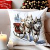 Vianočná obliečka s veselým motívom troch husky psov ťahajúcich sane v zasneženej krajine – 40x40 cm