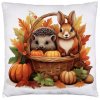 Jesenná obliečka na vankúš 40×40 – Ježko a zajačik v košíku s tekvicami