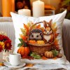 Jesenná obliečka na vankúš 40×40 – Ježko a zajačik v košíku s tekvicami