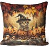 Jesenná obliečka Mačiatko s tekvicami – halloweenský motív s čarodejníckym klobúkom 40x40 cm