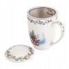 Vianočný hrnček Zimná harmónia – porcelánový hrnček s kovovým sitkom na čaj a pokrievkou s jemným zimným vzorom, 350 ml