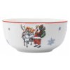 Porcelánová vianočná miska s motívom Mikuláša a soba – detail zimného dizajnu s červeným okrajom