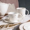 Zimná šálka Zimný lesk – porcelán so zlatými vločkami, tanierikom a jemným reliéfnym vzorom – elegantná sviatočná kolekcia