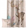 Detské závesy s motívom jelenčeka so zlatými detailmi a pastelovými pierkami – polotieniace prevedenie s vankúšikom v rovnakom dizajne
