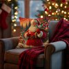 Vianočná obliečka 40×40 cm – Santa Claus s vrecom plným darčekov a stromčekom v pozadí