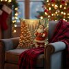 Vianočná obliečka 40×40 cm – Santa Claus pri vianočnom stromčeku so zlatými ozdobami a darčekm