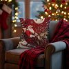 Dekoračný vankúš so Santom na saniach a sobmi v kresle s červenou dekou – 40x40 cm