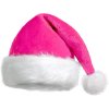 Plyšová ružová mikulášska čiapka s bielym lemom a brmbolcom – mäkký zamatový materiál pre pohodlné nosenie počas sviatkov