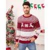 Pánsky vianočný sveter so sobmi a vločkami v bordovo-bielej farbe – predný pohľad na zimný vzor s geometrickými detailmi