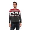 Pánsky červeno-modrý vianočný sveter so sobím motívom a vločkami – elegantný zimný vzor v severskom štýle