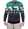 Detailný pohľad na pánsky zeleno-čierny vianočný sveter so sobím motívom a vločkami – moderný severský vzor