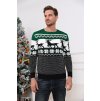 Pánsky zeleno-čierny vianočný sveter so sobím motívom a vločkami – ideálny zimný sveter pre sviatočné obdobie