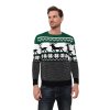 Pánsky zeleno-čierny vianočný sveter so sobím motívom a vločkami – elegantný zimný vzor v severskom štýle