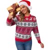 Dámsky červeno-biely vianočný sveter so sobím motívom, stromčekmi a vločkami – veselý zimný úplet na sviatočné obdobie