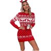Dámske červené vianočné pletené šaty so vzorom sobov a vločiek – zimná mikulášska tunika s dlhým rukávom