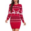 Červené pletené vianočné šaty s bielymi sobmi – pohodlná zimná tunika s dlhým rukávom