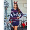 Vianočné pletené šaty pre ženy v modrej farbe – zimná tunika s bielymi sobmi a červenými detailmi