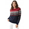 Dámsky červeno-modrý vianočný sveter so sobím vzorom – elegantný zimný outfit