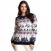 Dámsky modro-biely vianočný sveter so sobím motívom a červenými vločkami v nórskom štýle