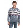 Pánsky jeansovo-modrý vianočný sveter s vločkami a sobím motívom – elegantný zimný kúsok v severskom štýle