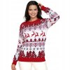 Dámsky červený vianočný sveter s bielym nórskym vzorom a sobím motívom – hrejivý, veselý a ideálny na sviatky