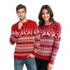 Vianočný červený sveter s nórskym vzorom pre páry – dámsky a pánsky sveter so sobím motívom a vločkami, ideálny na sviatočné chvíle