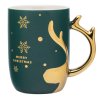 Zelený porcelánový vianočný hrnček s nápisom Merry Christmas a zlatým uchom v tvare parohu 400 ml