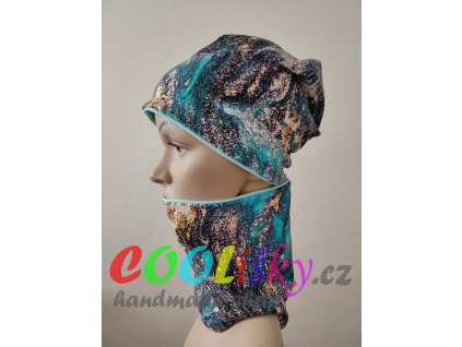 Dívčí čepice s nákrčníkem modrý mramor