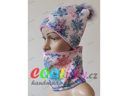Zimní holčičí čepice s nákrčníkem vločky barevné