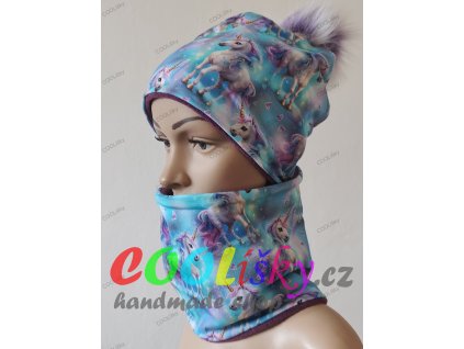 Zimní holčičí čepice s nákrčníkem jednorožci