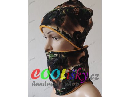 Zimní klučičí čepice s nákrčníkem traktor